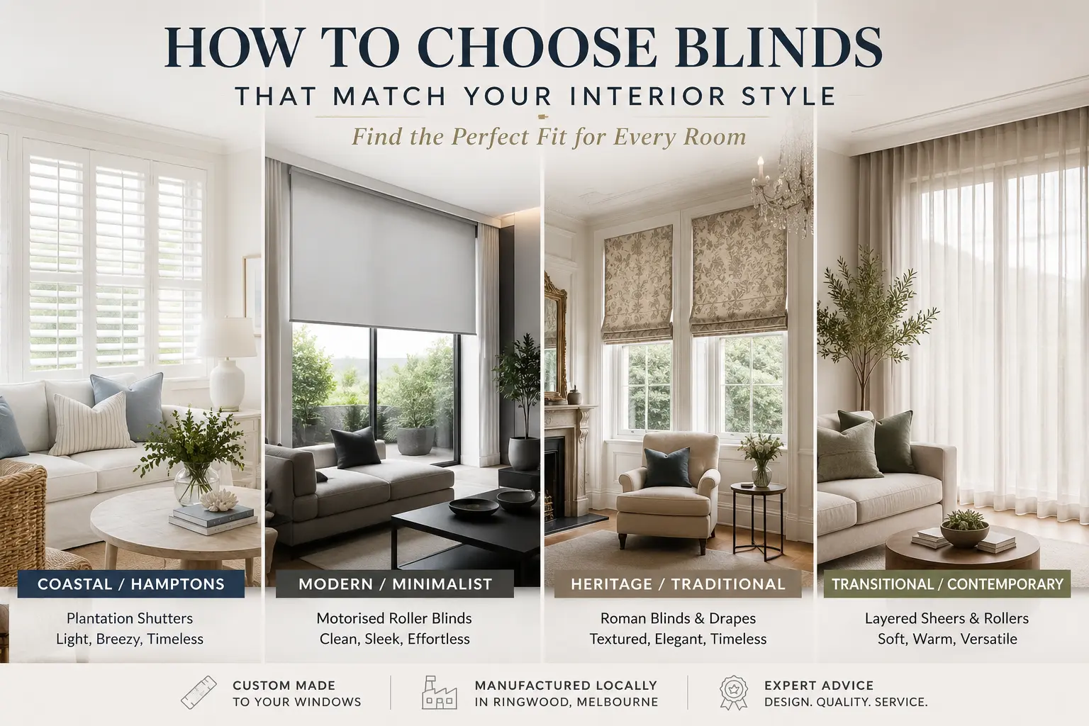 Interior style comparison showing plantation shutters, motorised roller blinds, Roman blinds, drapes, sheers and rollers for different Melbourne home styles.