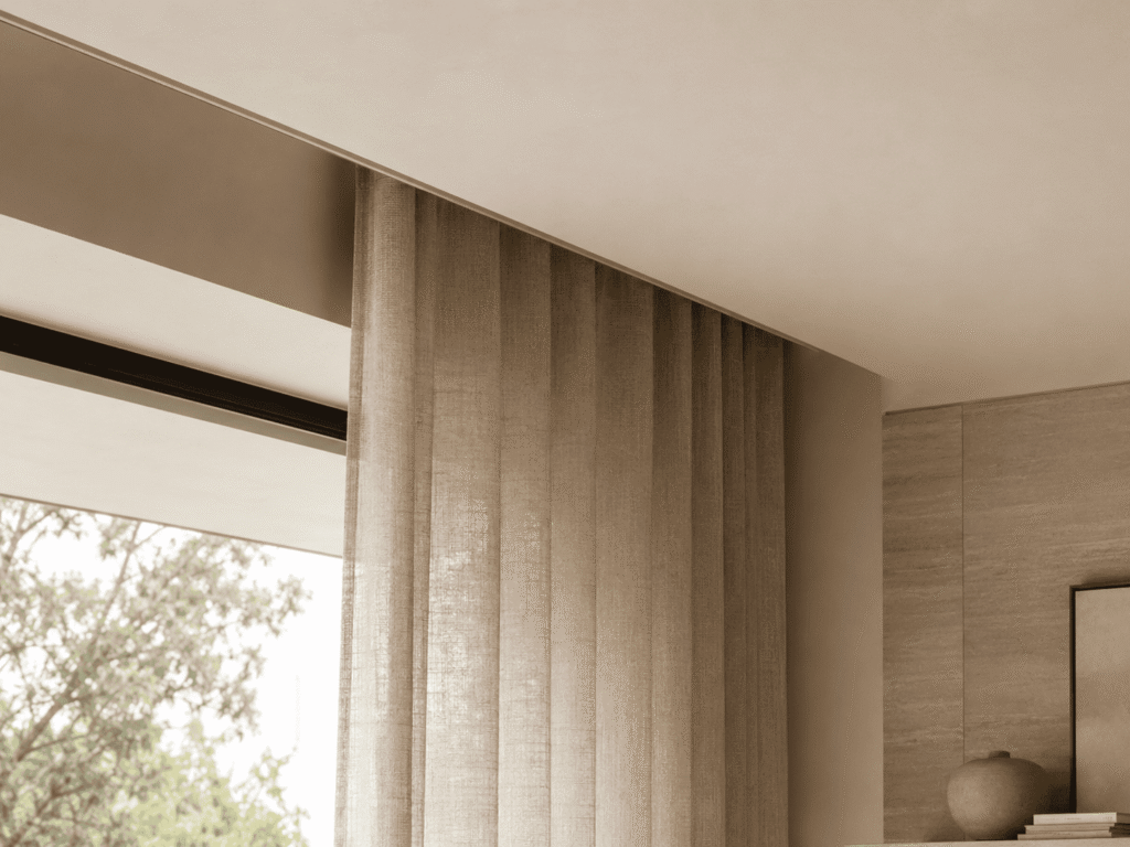 Recessed ceiling curtain track with floating linen curtains in a modern Melbourne home