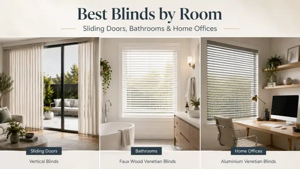 Room-by-room guide showing vertical blinds for sliding doors, faux wood Venetian blinds for bathrooms, and aluminium Venetian blinds for home offices.