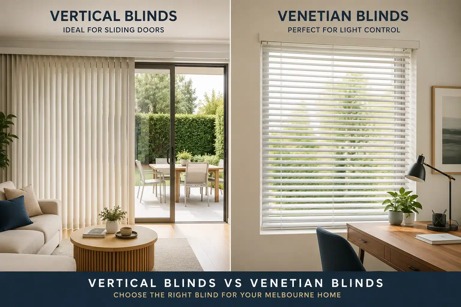 Vertical blinds on a sliding door compared with Venetian blinds on a window for Melbourne homes.