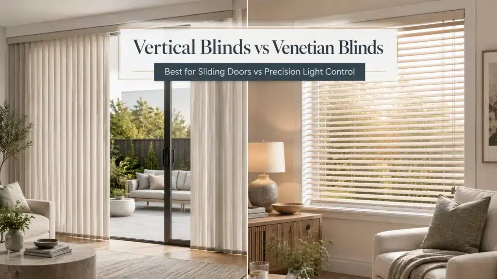 Vertical blinds on a sliding door compared with Venetian blinds on a standard Melbourne home window.