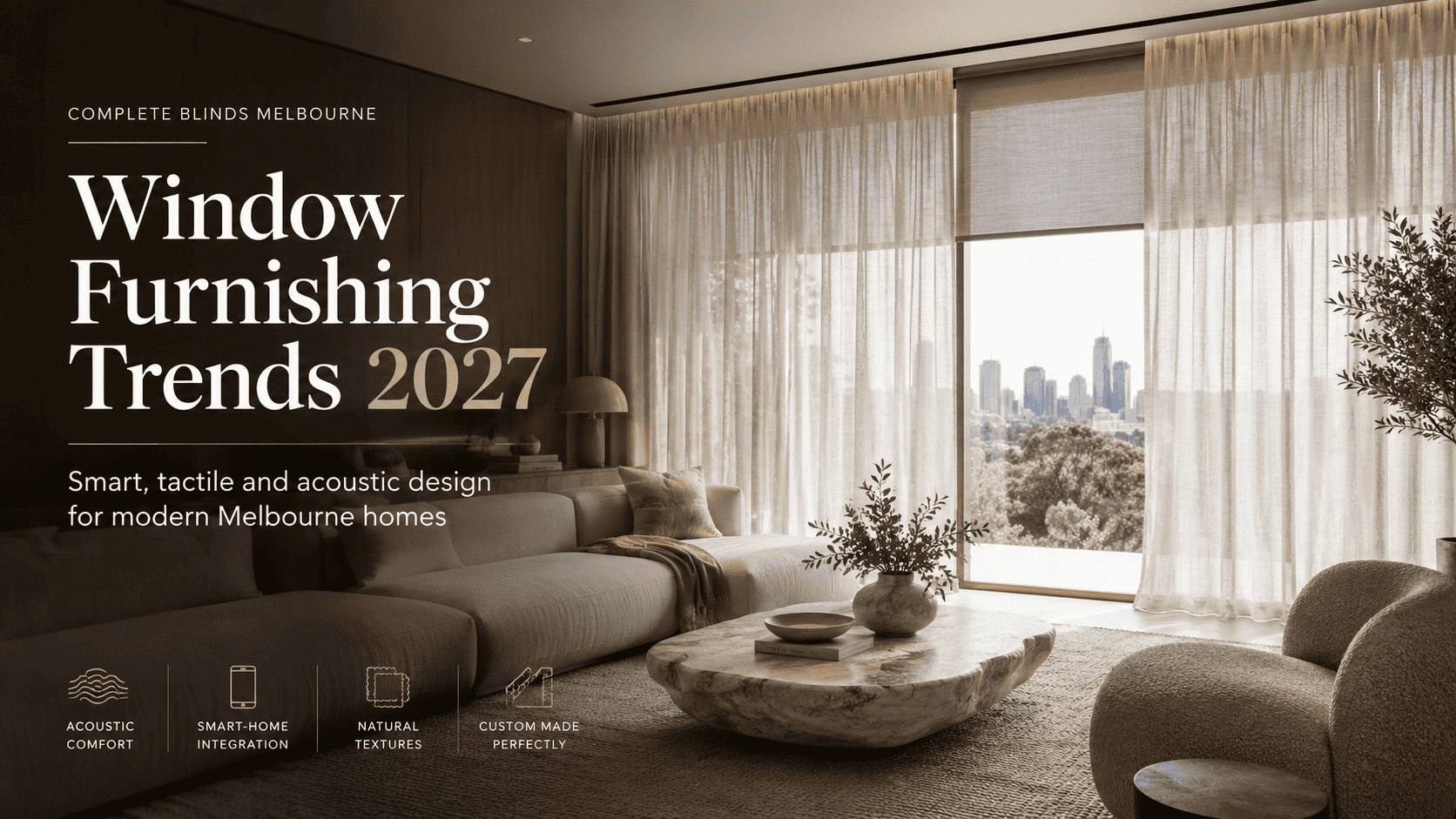 Modern Melbourne living room with linen sheer curtains, recessed curtain tracks and motorised blinds for 2027 window furnishing trends.