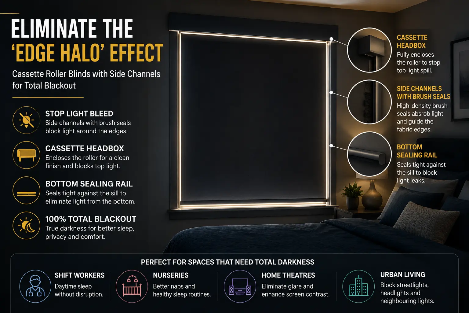 Cassette roller blinds with side channels in a Melbourne bedroom stopping edge halo light bleed