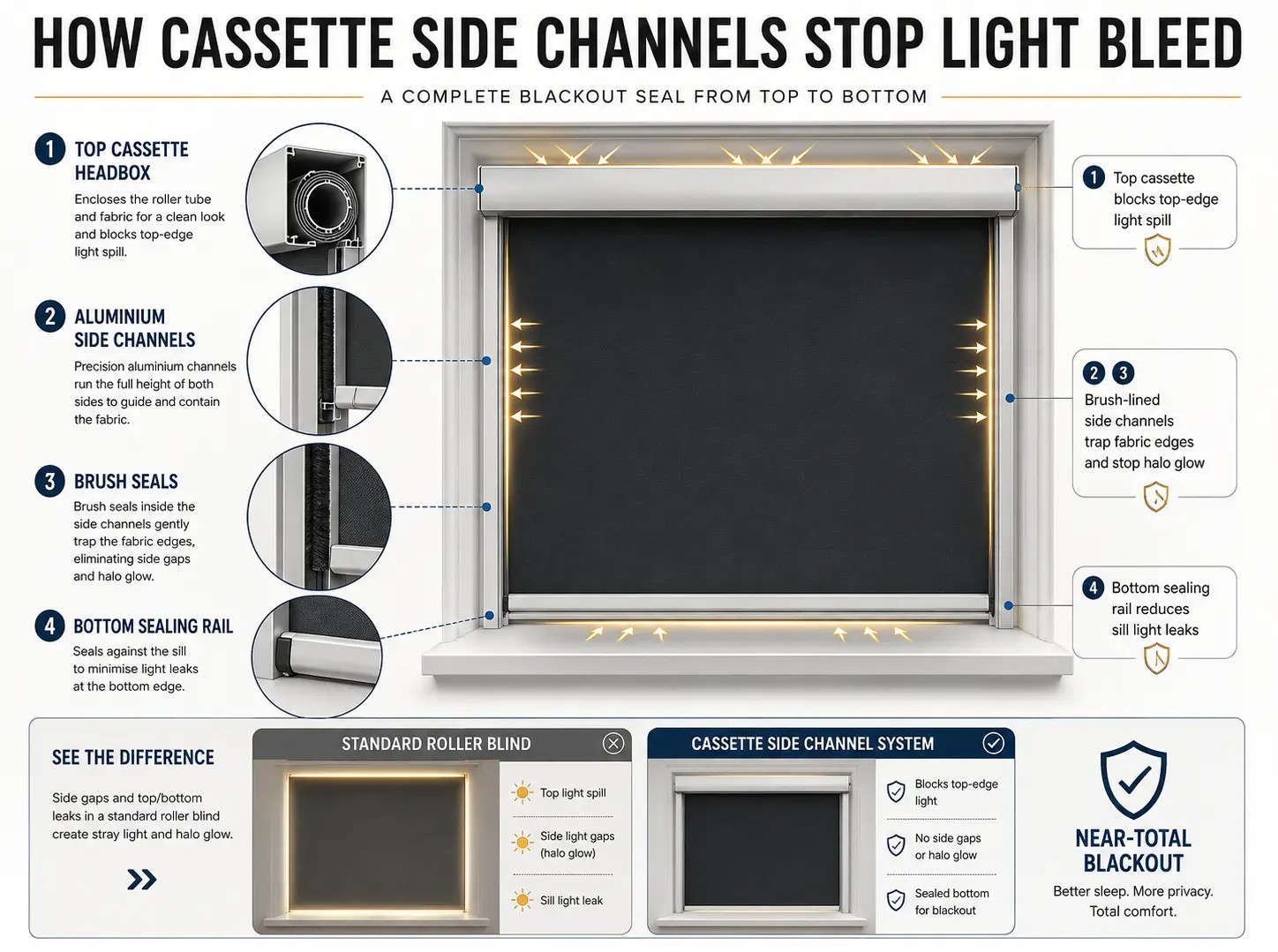 Diagram of cassette roller blinds with side channels stopping light bleed around the window