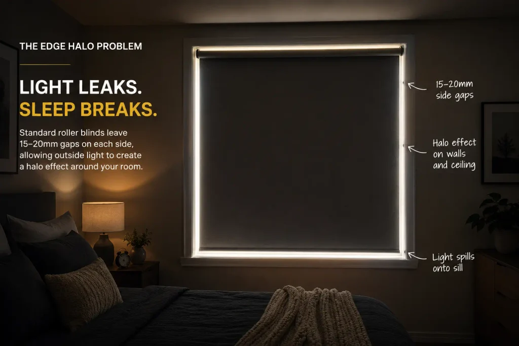 Light leaking around standard blockout roller blinds in a Melbourne bedroom