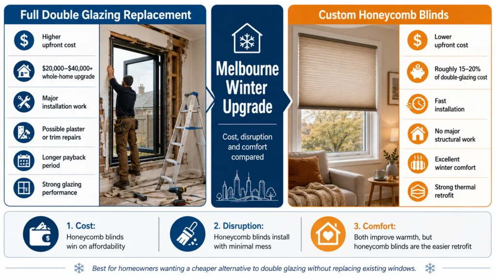 Comparison of double glazing replacement and honeycomb blinds as thermal upgrades for Melbourne homes