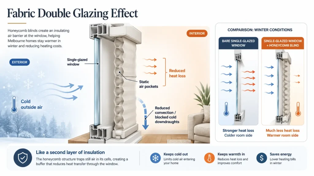 Diagram showing how honeycomb blinds trap air to reduce heat loss through single glazed windows