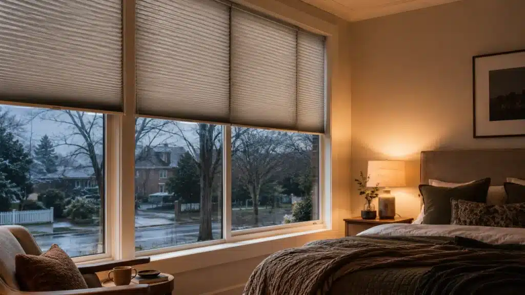 Honeycomb blinds improving winter warmth on single glazed windows in a Melbourne home
