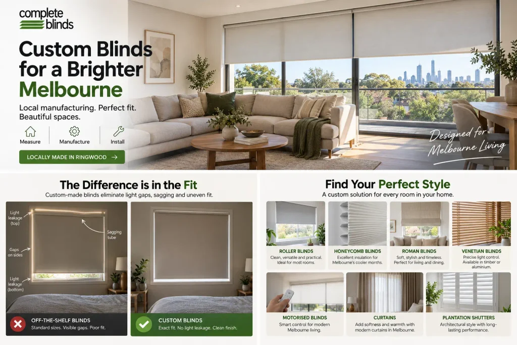 Custom blind styles comparison for Melbourne homes including roller blinds honeycomb blinds curtains and shutters