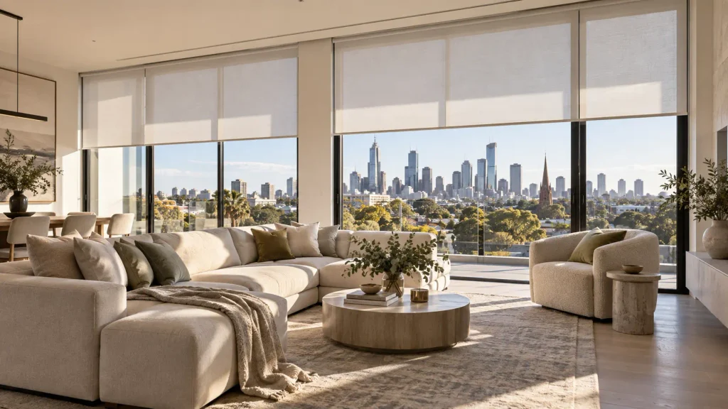 Custom blinds in Melbourne home with precision fitted window furnishings