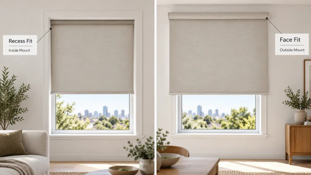 Recess fit vs face fit roller blinds showing inside mount and outside mount installation styles