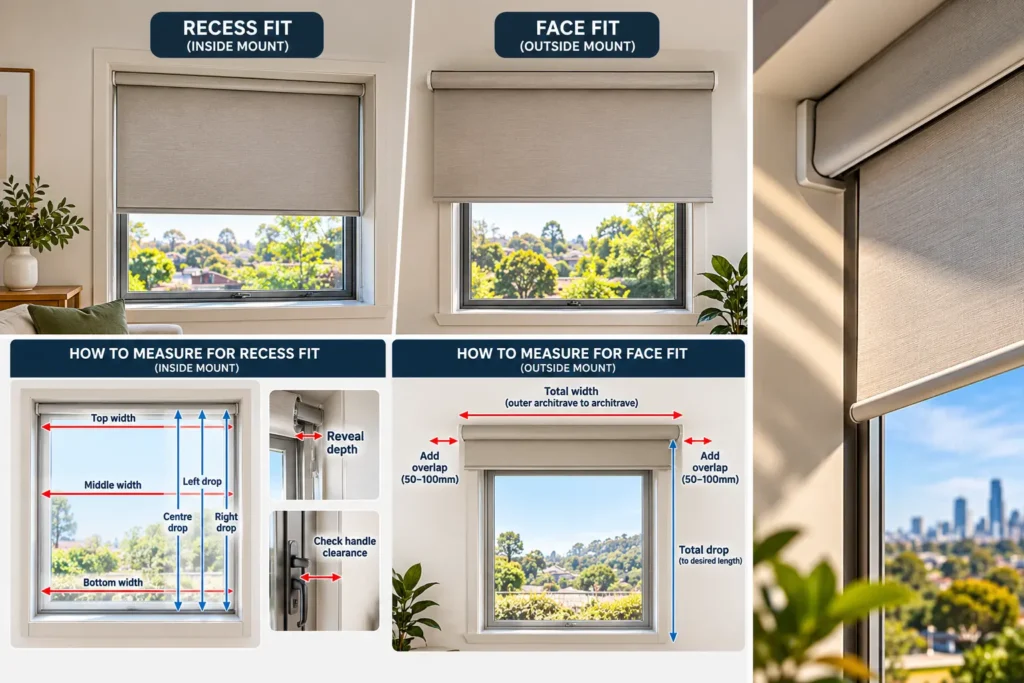 Recess fit and face fit roller blind mounting and measuring guide for Melbourne homes