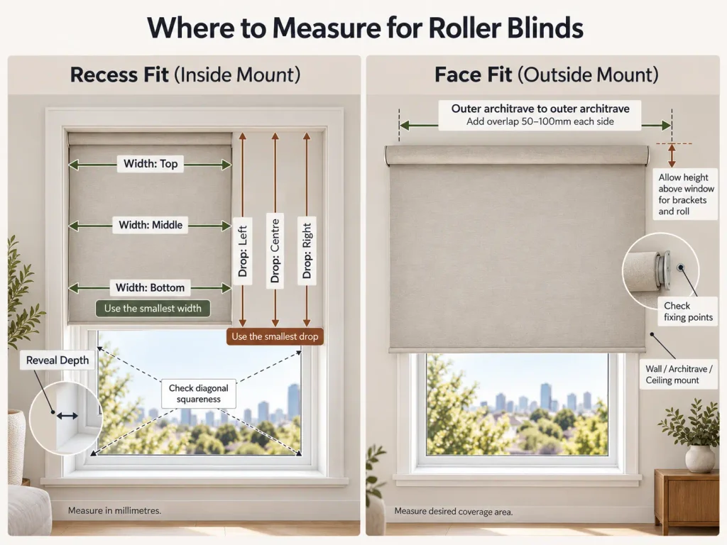 Diagram showing how to measure recess fit and face fit roller blinds in millimetres