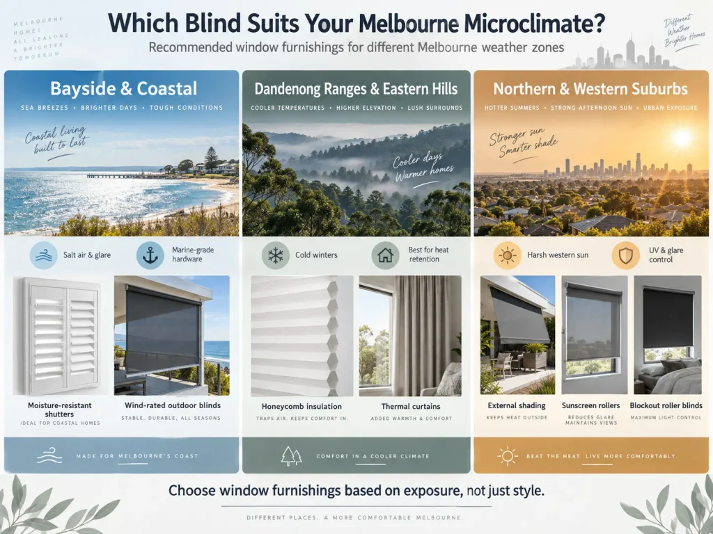 Comparison of blinds, shutters, curtains and awnings for Melbourne microclimate conditions