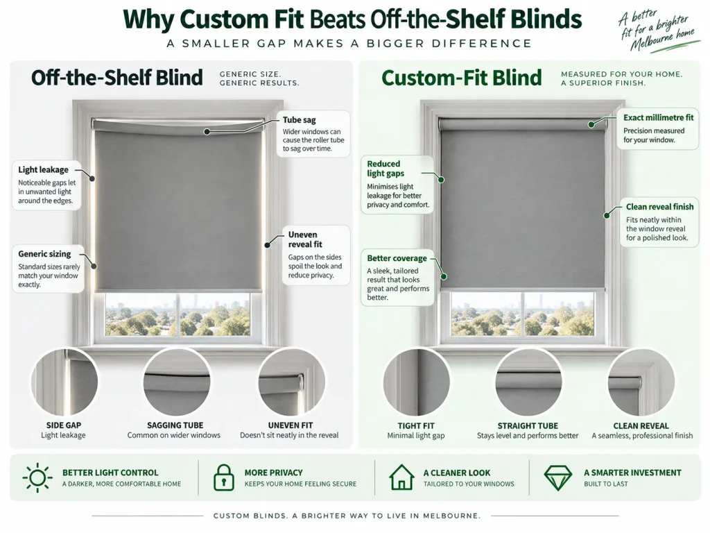 Comparison of off-the-shelf blinds and custom blinds showing better fit and less light leakage