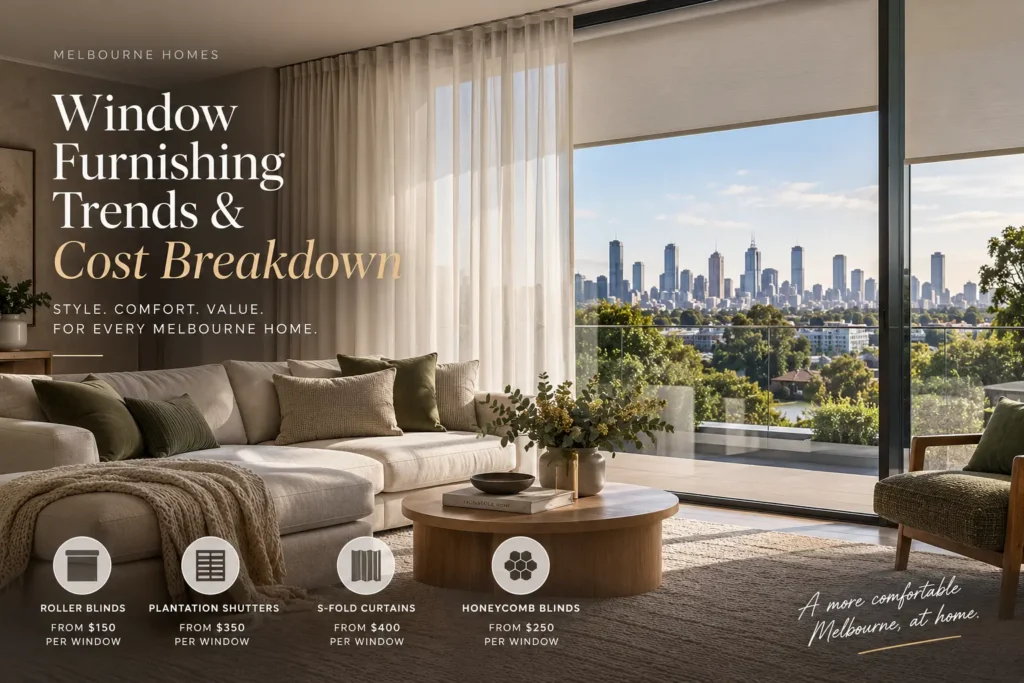 Window furnishing trends and cost breakdown for Melbourne homes with roller blinds, plantation shutters, S-Fold curtains and honeycomb blinds