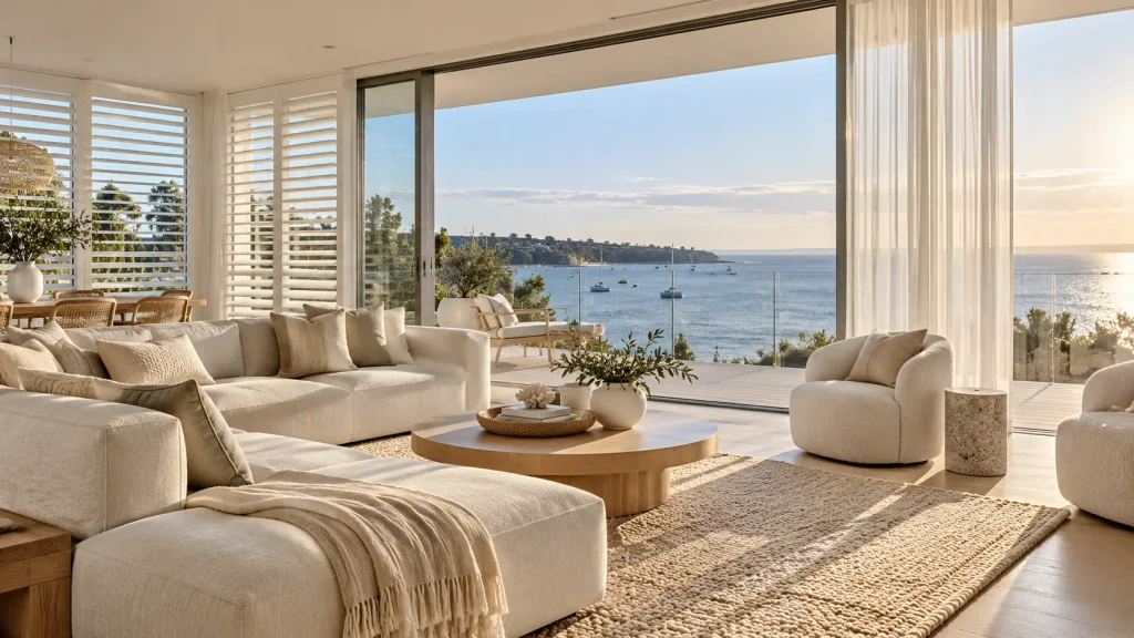 Luxury Bayside Melbourne living room with white plantation shutters, S-Fold sheer curtains and coastal views