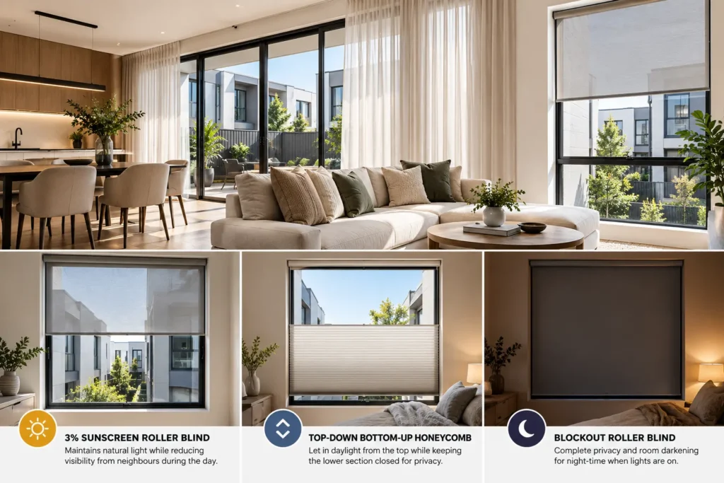 Modern Melbourne townhouse with S-Fold sheer curtains, sunscreen roller blinds, honeycomb blinds and blockout blinds
