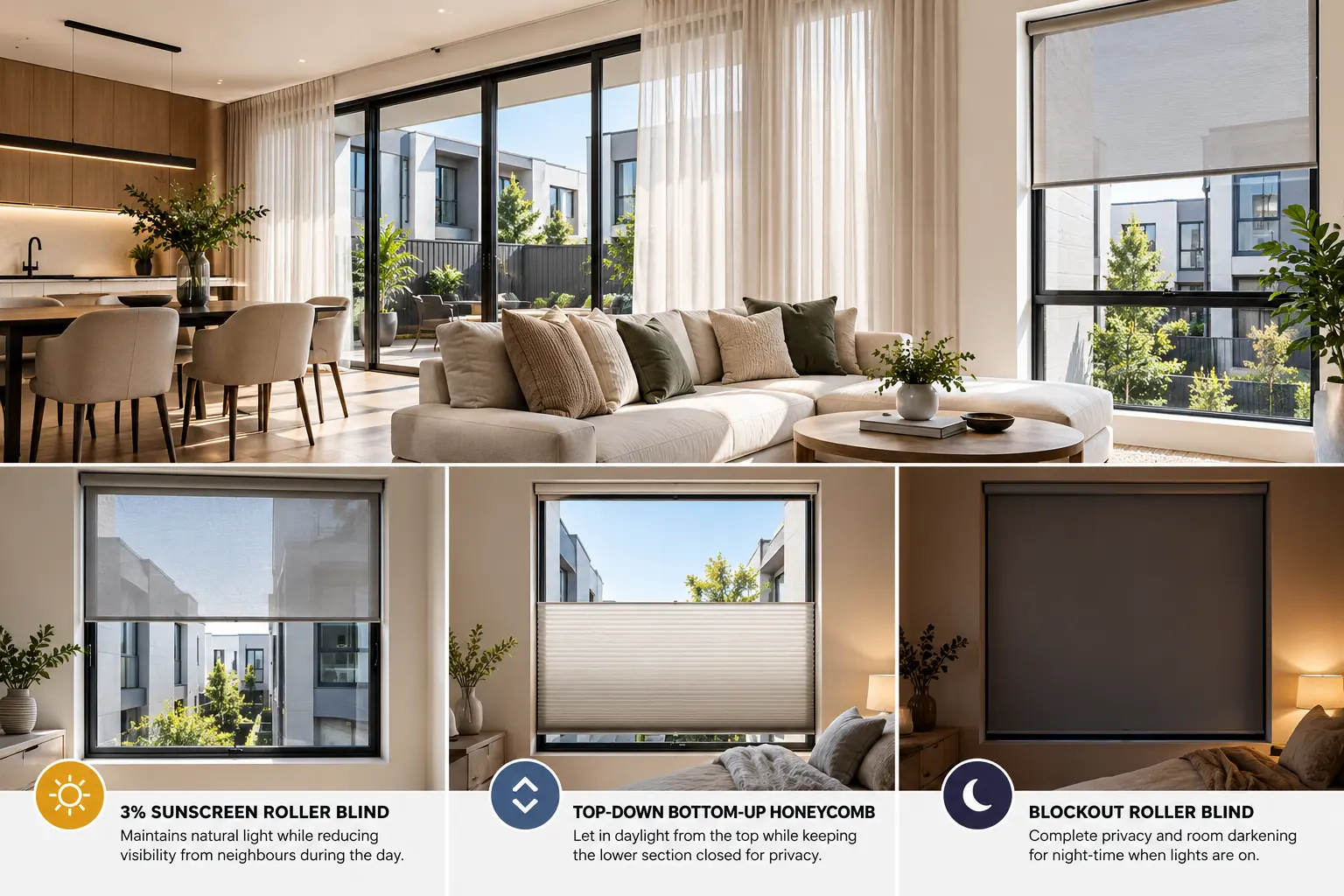 Modern Melbourne townhouse with S-Fold sheer curtains, sunscreen roller blinds, honeycomb blinds and blockout blinds