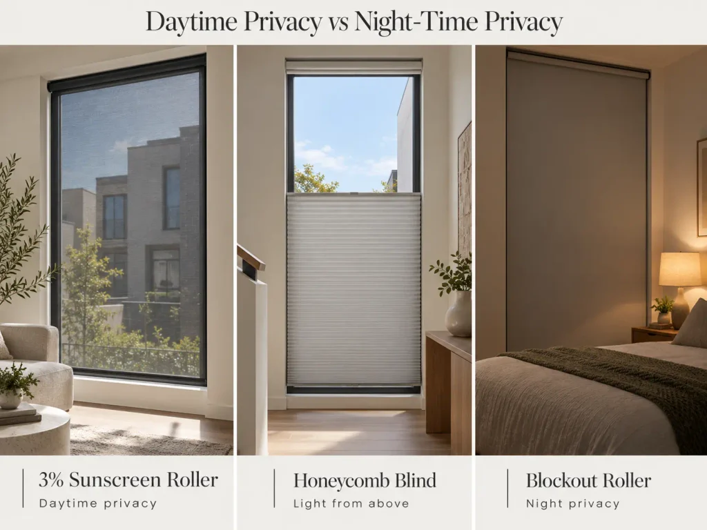 Comparison of sunscreen roller blinds, honeycomb blinds and blockout roller blinds for townhouse privacy