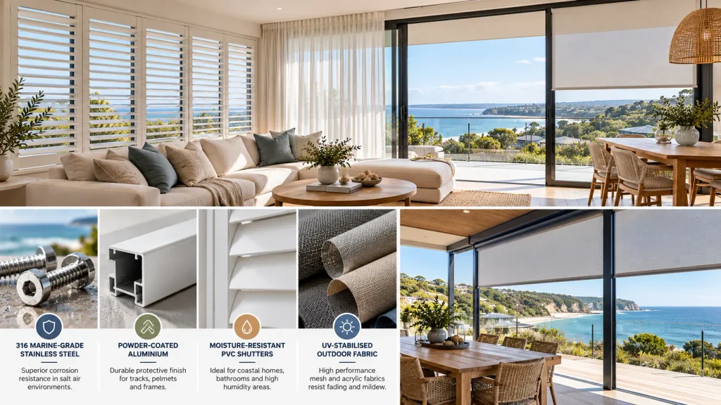 Coastal Melbourne home with track-guided outdoor blinds, plantation shutters, sheer curtains and marine-grade material examples