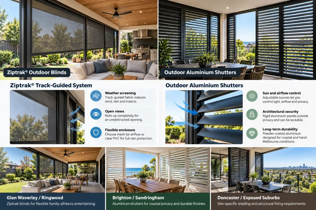 Technical comparison of Ziptrak track-guided blinds and outdoor aluminium shutters showing weather screening and airflow control