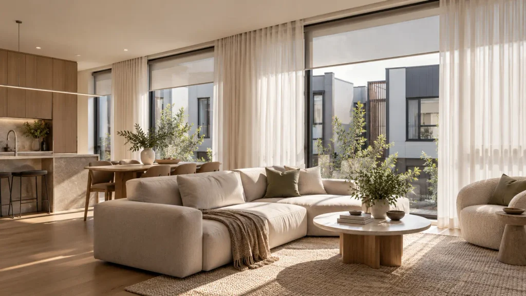 Custom blinds and S-Fold sheer curtains in a modern Melbourne townhouse with large windows and natural daylight