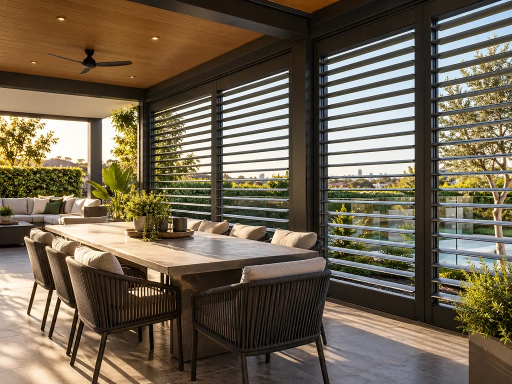Black outdoor aluminium plantation shutters with adjustable louvres in a modern Melbourne alfresco dining area
