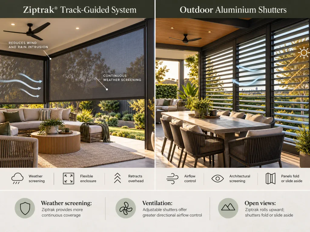 Technical comparison of Ziptrak track-guided blinds and outdoor aluminium shutters showing weather screening and airflow control