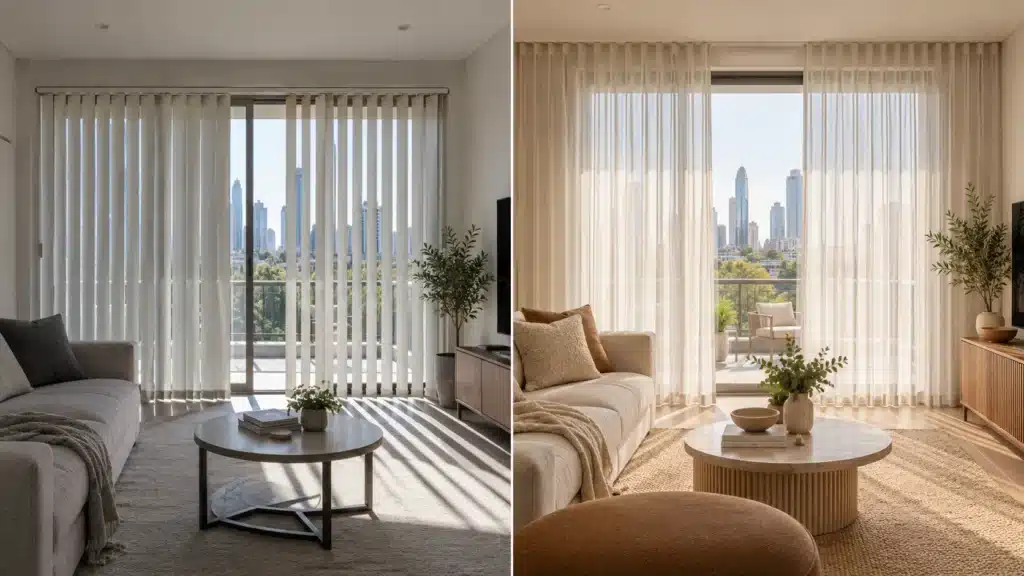 Replacing old vertical blinds with modern S-Fold sheer curtains in a Melbourne living room