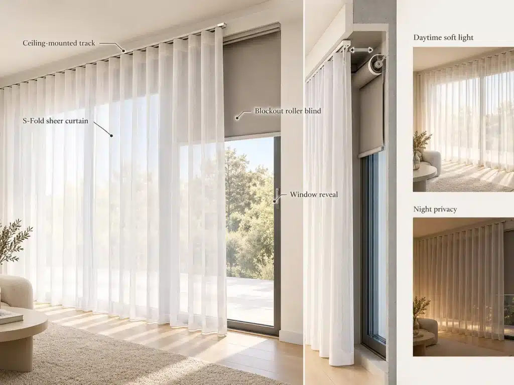 Diagram showing S-Fold sheer curtains layered over blockout roller blinds for daytime softness and night privacy
