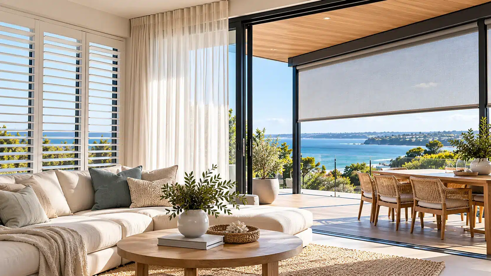 Modern Bayside coastal home with plantation shutters, sheer curtains and outdoor roller blinds overlooking the sea