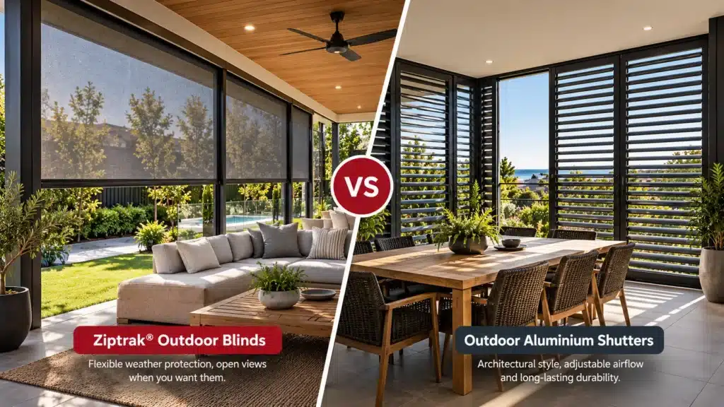 Side-by-side comparison of Ziptrak outdoor blinds and aluminium plantation shutters in luxury Melbourne alfresco areas