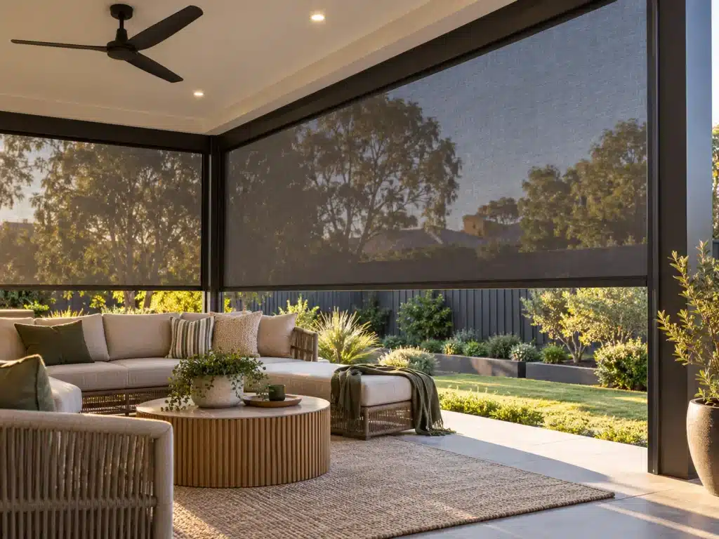 Ziptrak track-guided outdoor mesh blinds providing shade and weather screening in a modern Melbourne alfresco area